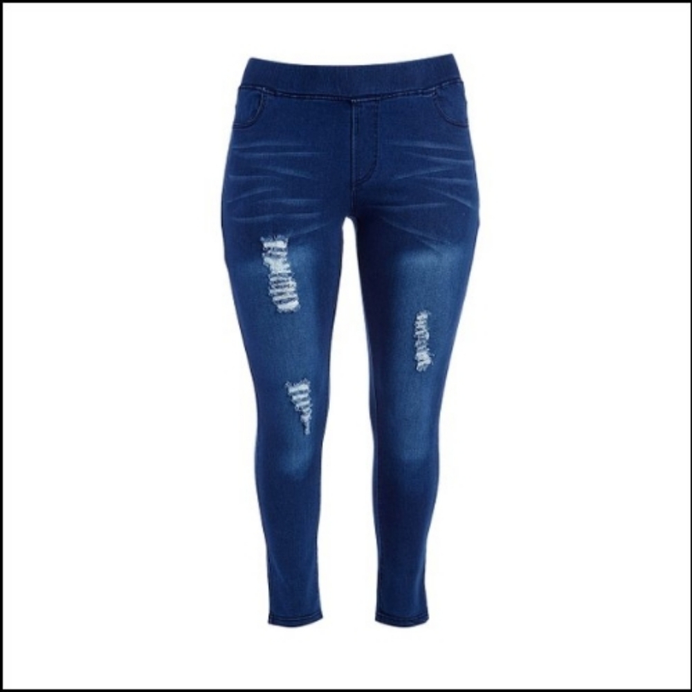 Dark Blue Distressed Jeggings - Picture 1 of 6